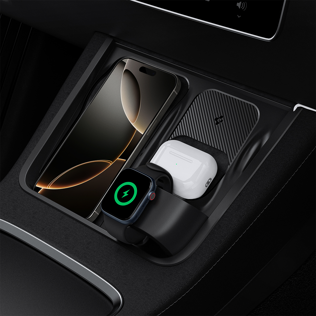 Organizer 3w1 Spigen do ładowarki na iPhone/AirPods/Apple Watch do Tesla Model 3 2022-23 / Y 2022-24, czarny